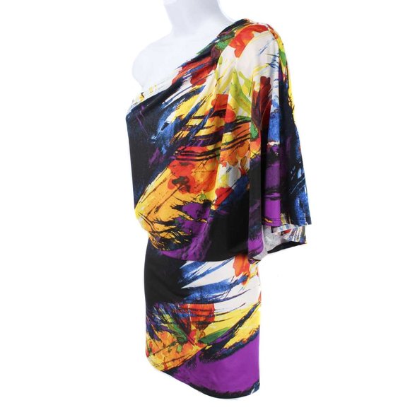 JESSICA SIMPSON Colorful Abstract Pattern 1 Shoulder Banded Bottom Blouson Dress - Picture 2 of 4